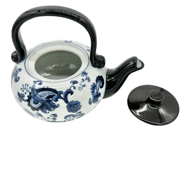 Pier 1 Vintage Handpainted Porcelain Tea Pot Black Blue White Floral Design - Picture 2 of 12